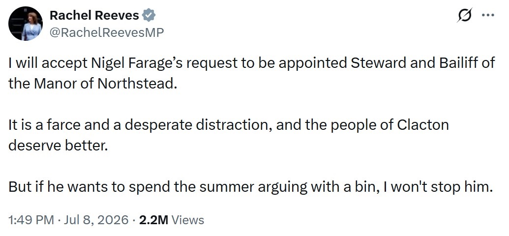Rachel Reeves tweet on Nigel Farage resignation at Clacton 8-7-2026